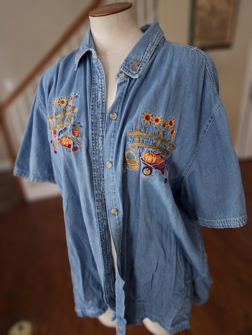 VTG 90s Bobbie Brooks Fall Embroidered Denim Shirt 18/20W